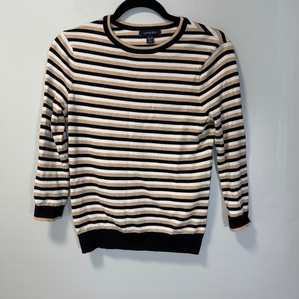 Lands End Womens XS Striped Metallic Knit Crewneck Sweater Black Gold White